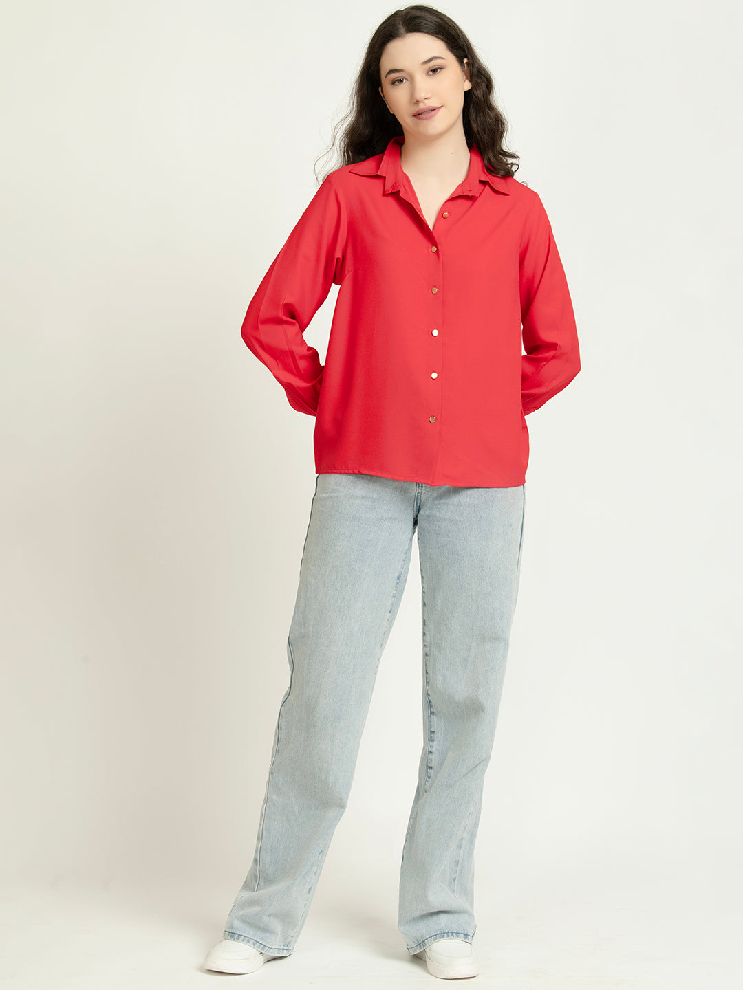 Red Moss Button Down Shirt with Gold Buttons full Front