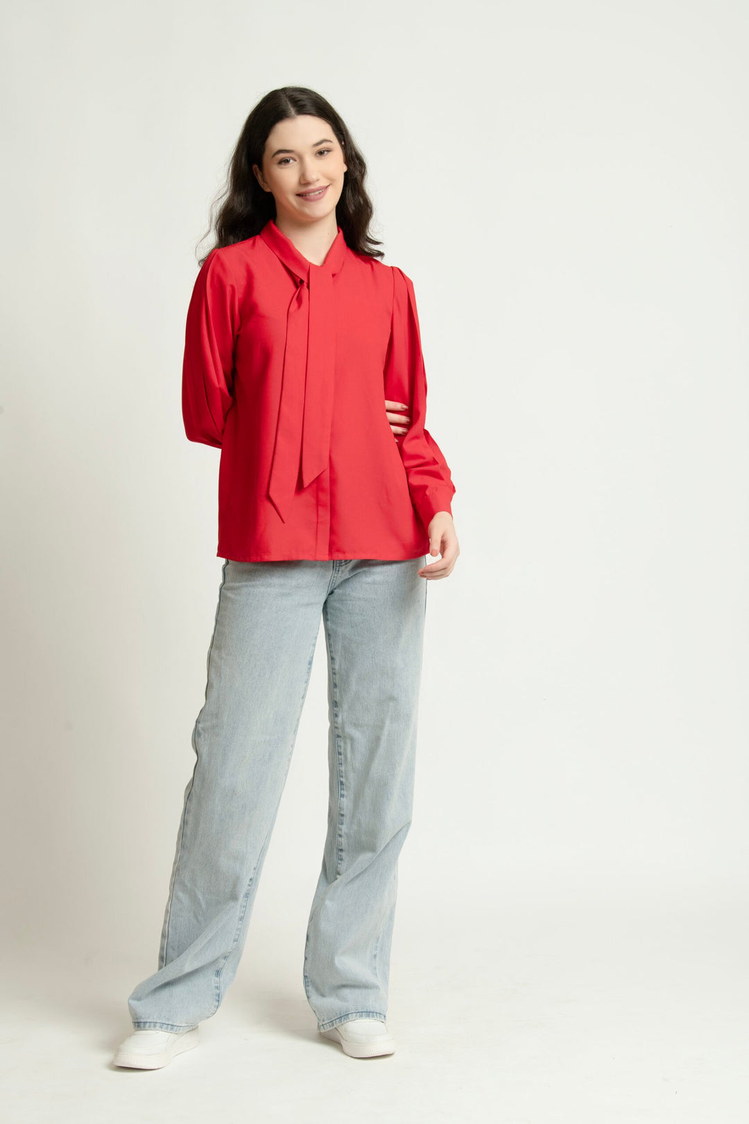 Red Hot Tie-Up Neckline Shirt  Full Front