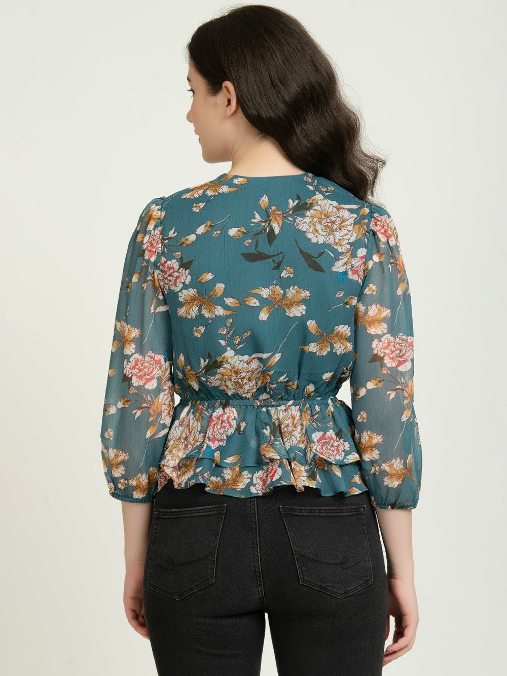 Stylish Green Chiffon Printed A-Line Top Back
