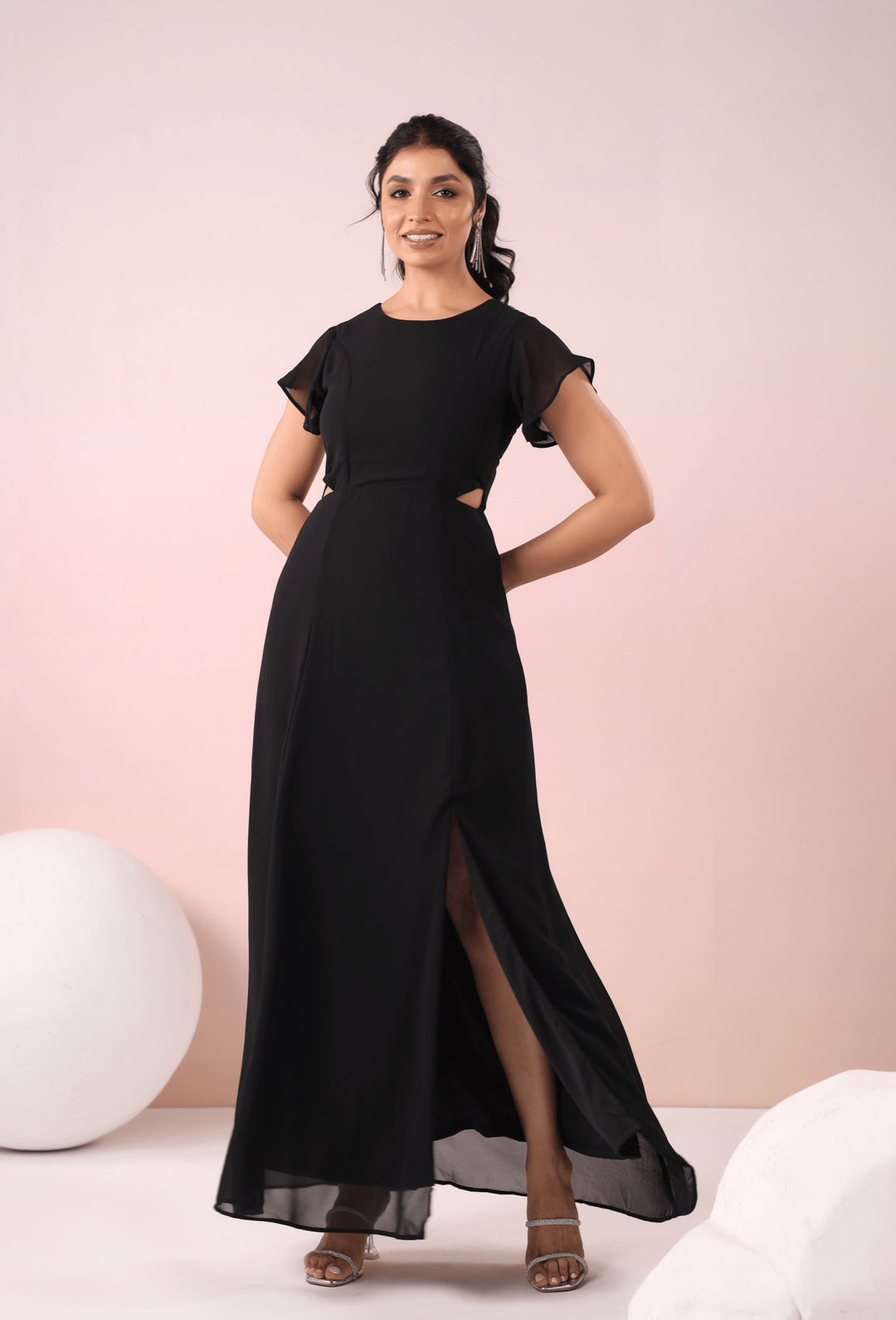 Black Maxi Dress - Waist Cutout Front